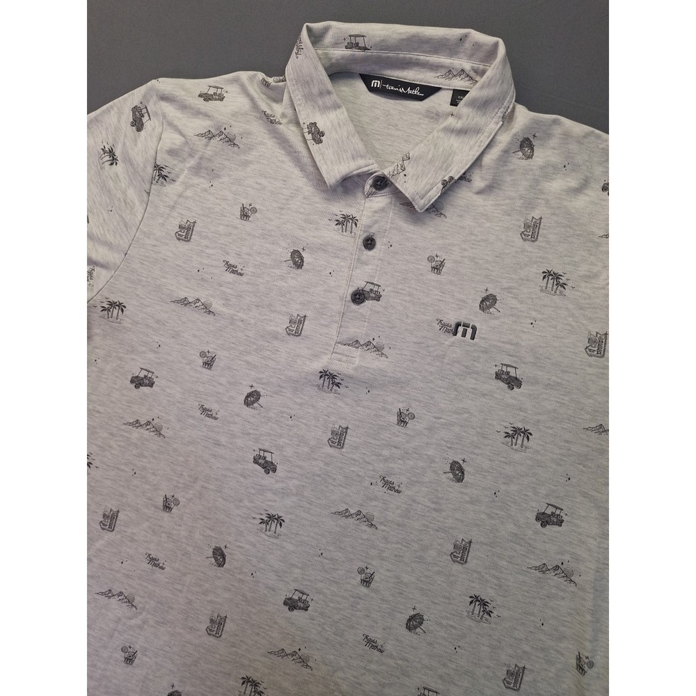 Travis Mathew Mens Gray All Over Print Golf Cart Drinks Polo Shirt XXL Palm Tree